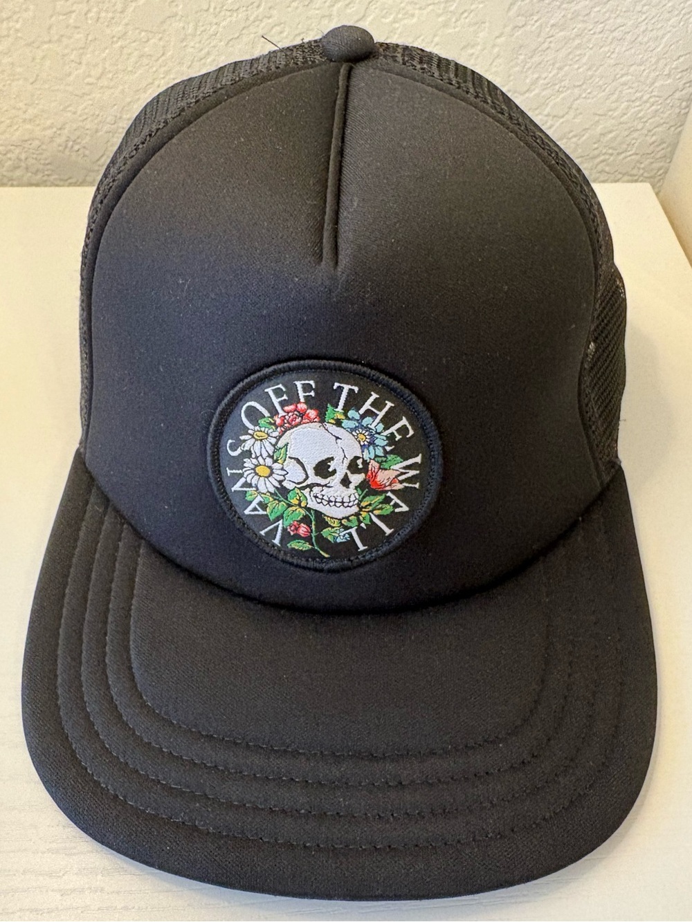 Vans Black Trucker Hat with Floral Skull Patch💀🌸